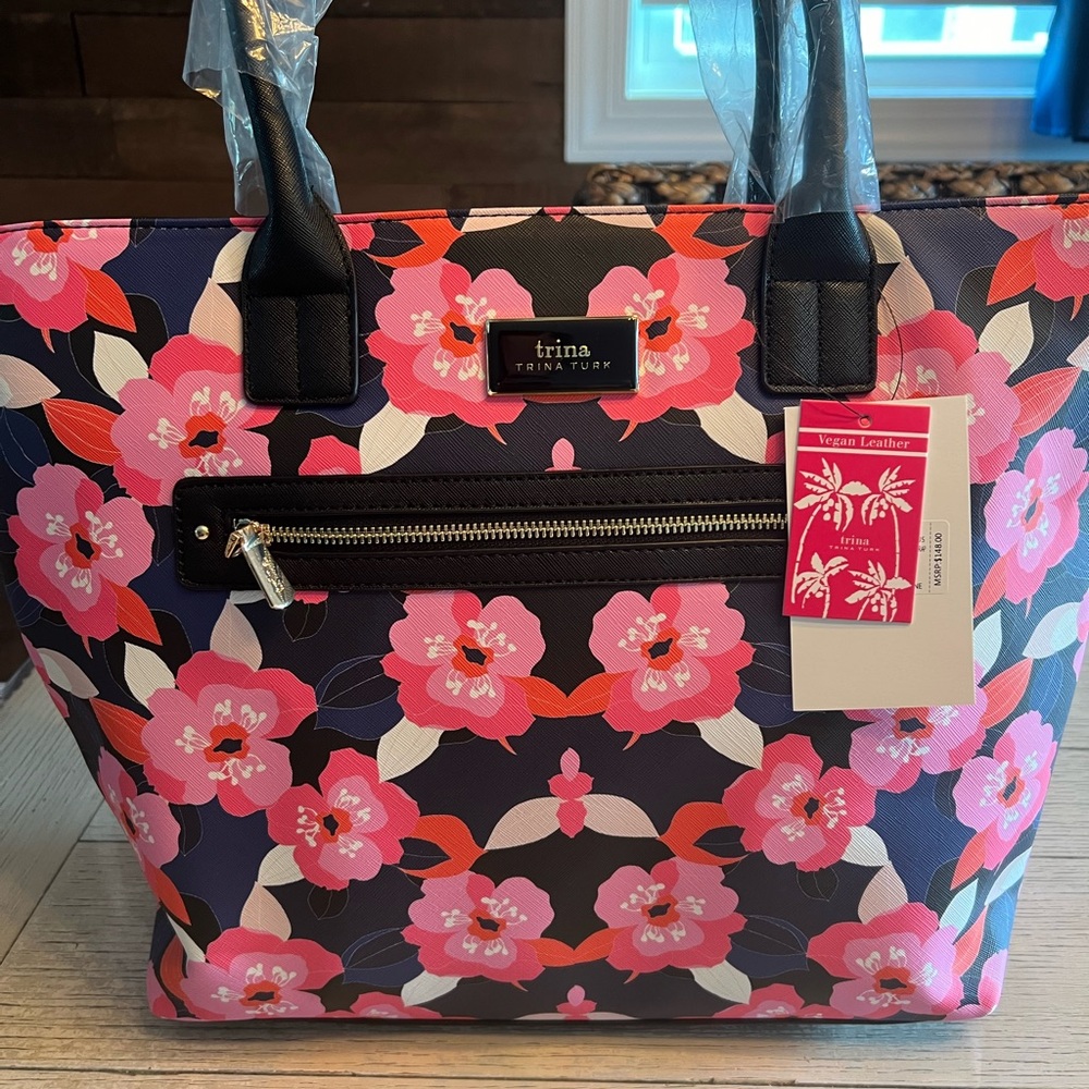 Trina Turk Pink Floral Tote with Navy and Black Accents - Picture 2 of 3